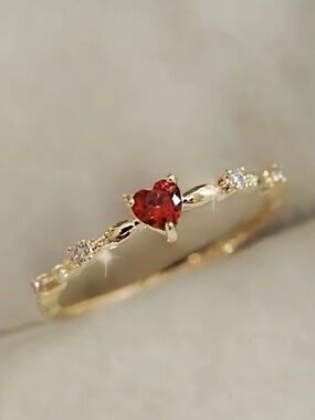 Gold Ring with Red Heart Gemstone and Clear Accent Stones -  size 6